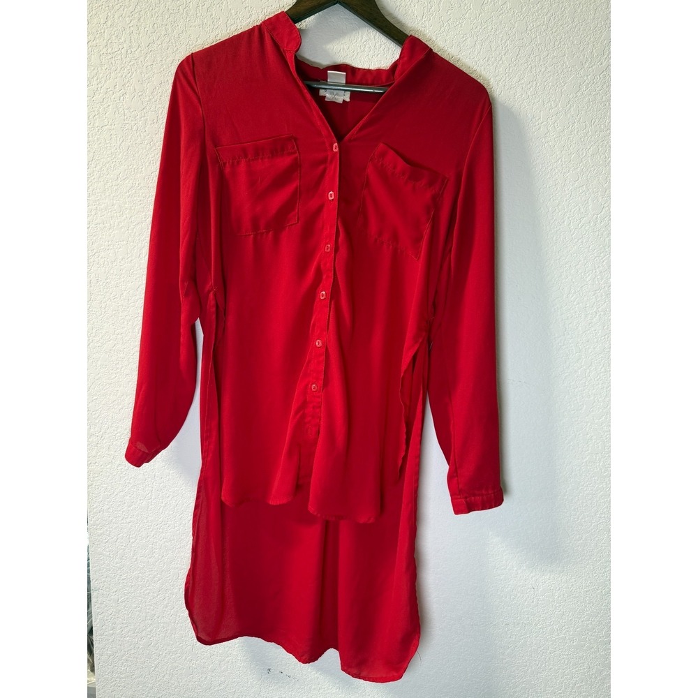 Golden State Los Angeles Shirt Dress Womens Medium Red High Low Hem Button Front
